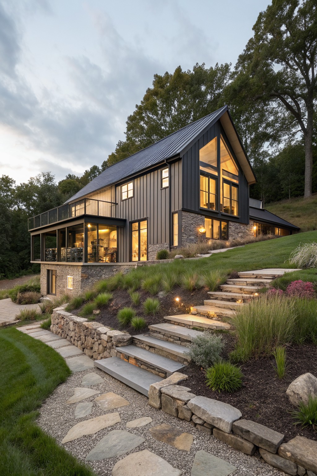 Modern dark house with large glowing windows and stone steps on grassy hillside