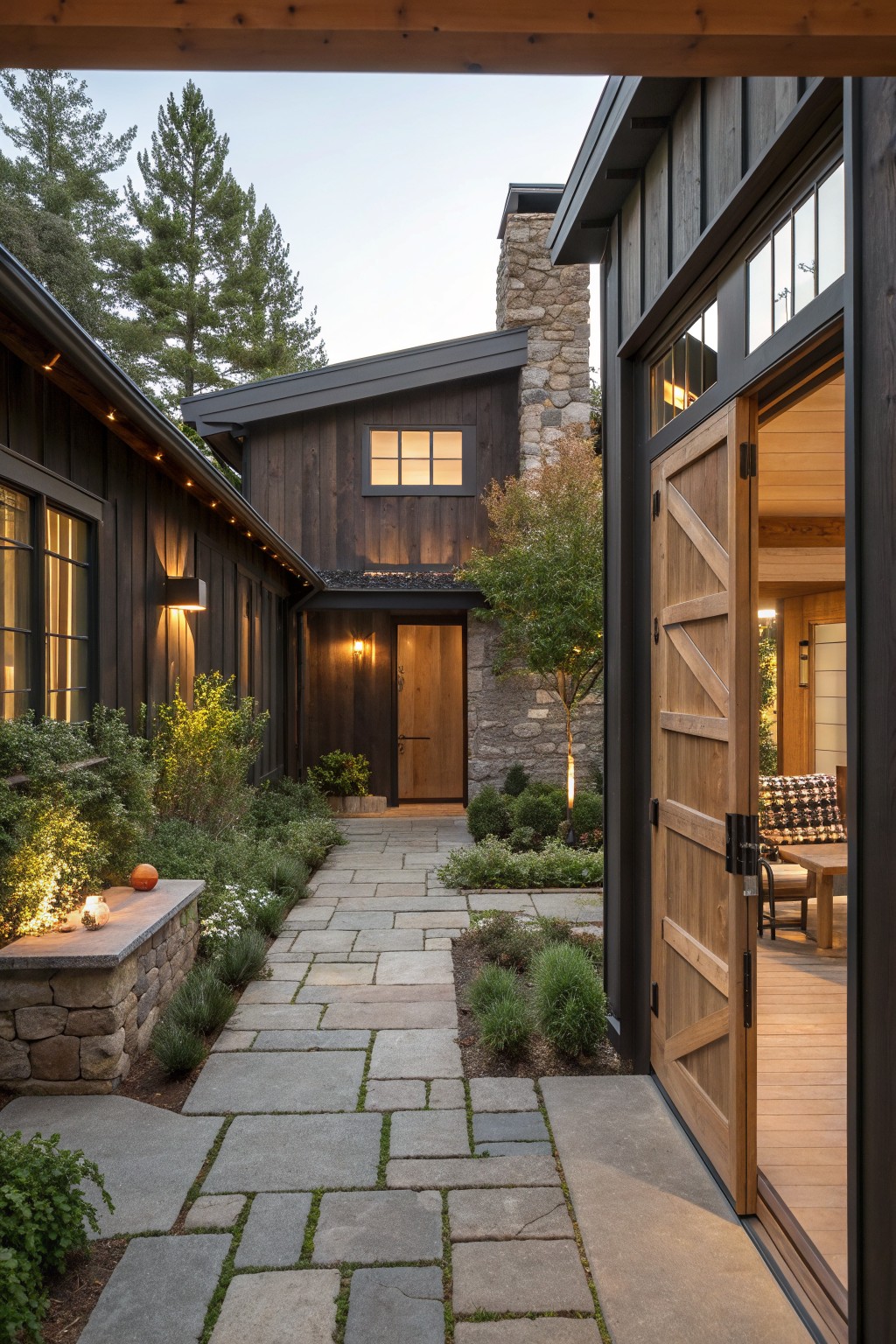 A modern barn-style house exterior with dark wood siding, stone chimney, and a wide flagstone path leading to a wooden front door, seen from an open doorway.