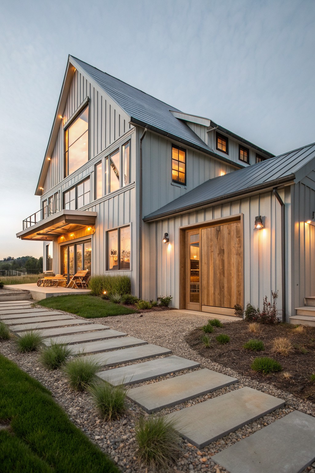 A modern barn-style house with light gray vertical siding, a dark metal roof, large windows, and wooden doors on the exterior at dusk.