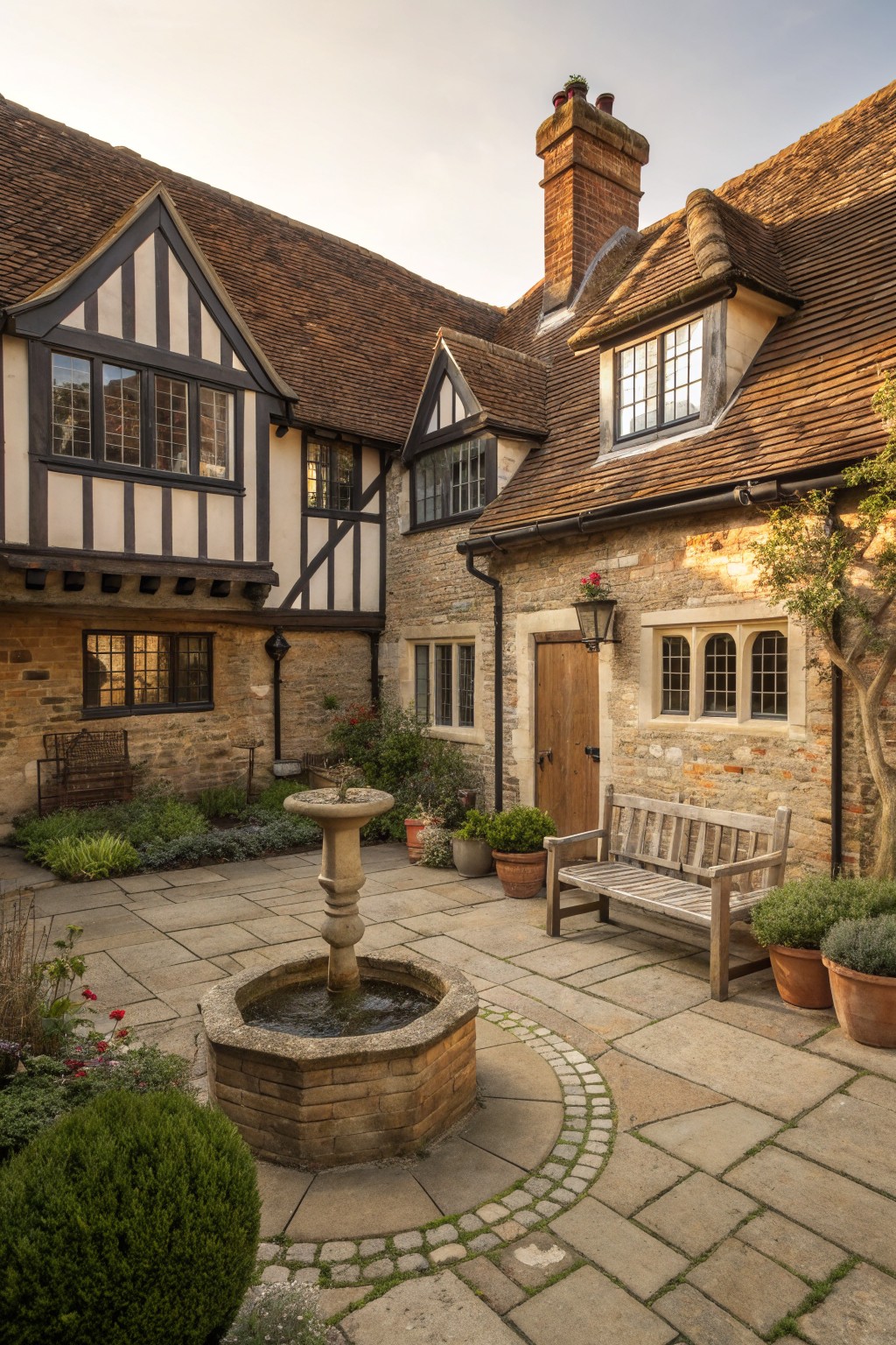 A Tudor-style stone house encloses a paved courtyard featuring a central stone fountain and a wooden bench.