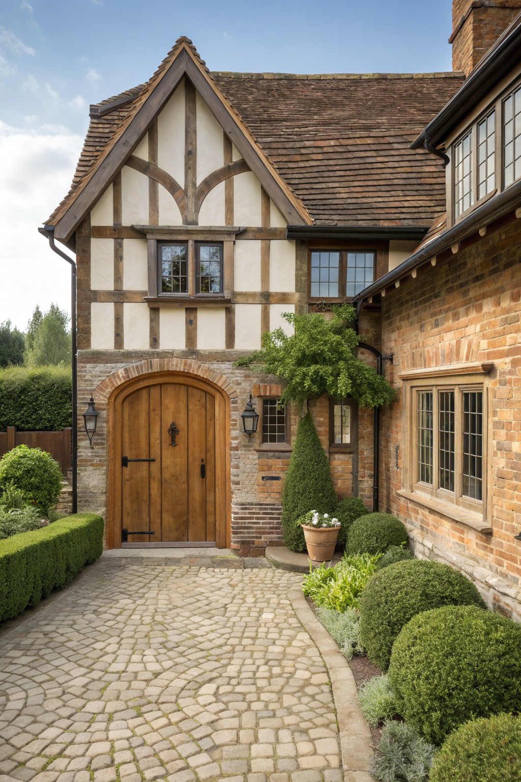 A Tudor-style house exterior with half-timber framing, a large wooden door under a brick arch, and a cobblestone path in front.