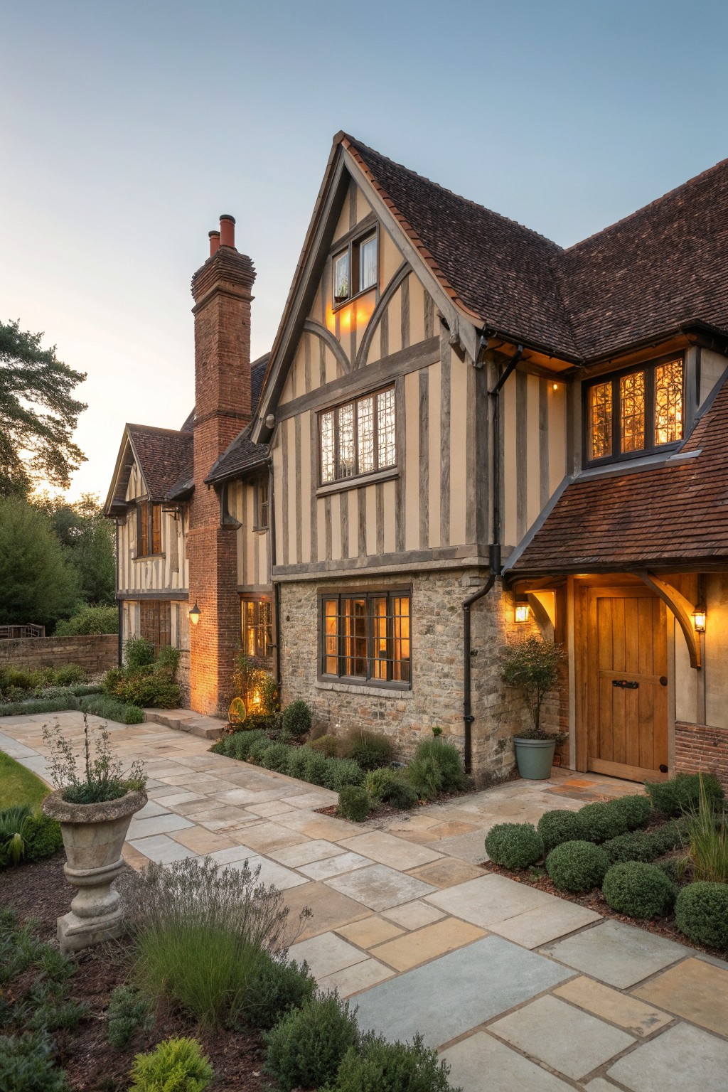 Tudor-style house with half-timbered facade, stone walls, lit windows, and paved garden courtyard