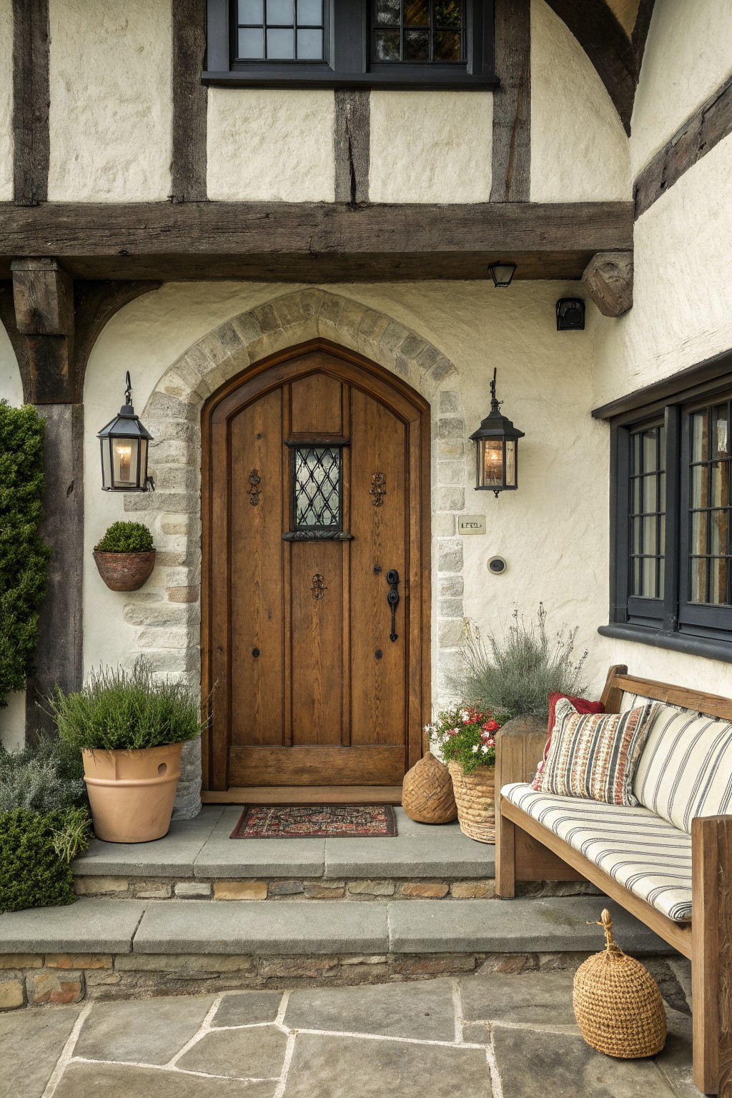 A front view of a Tudor-style house entrance with a wooden arched door set inside a stone archway, flanked by black lanterns and potted plants, with a striped bench to the right.