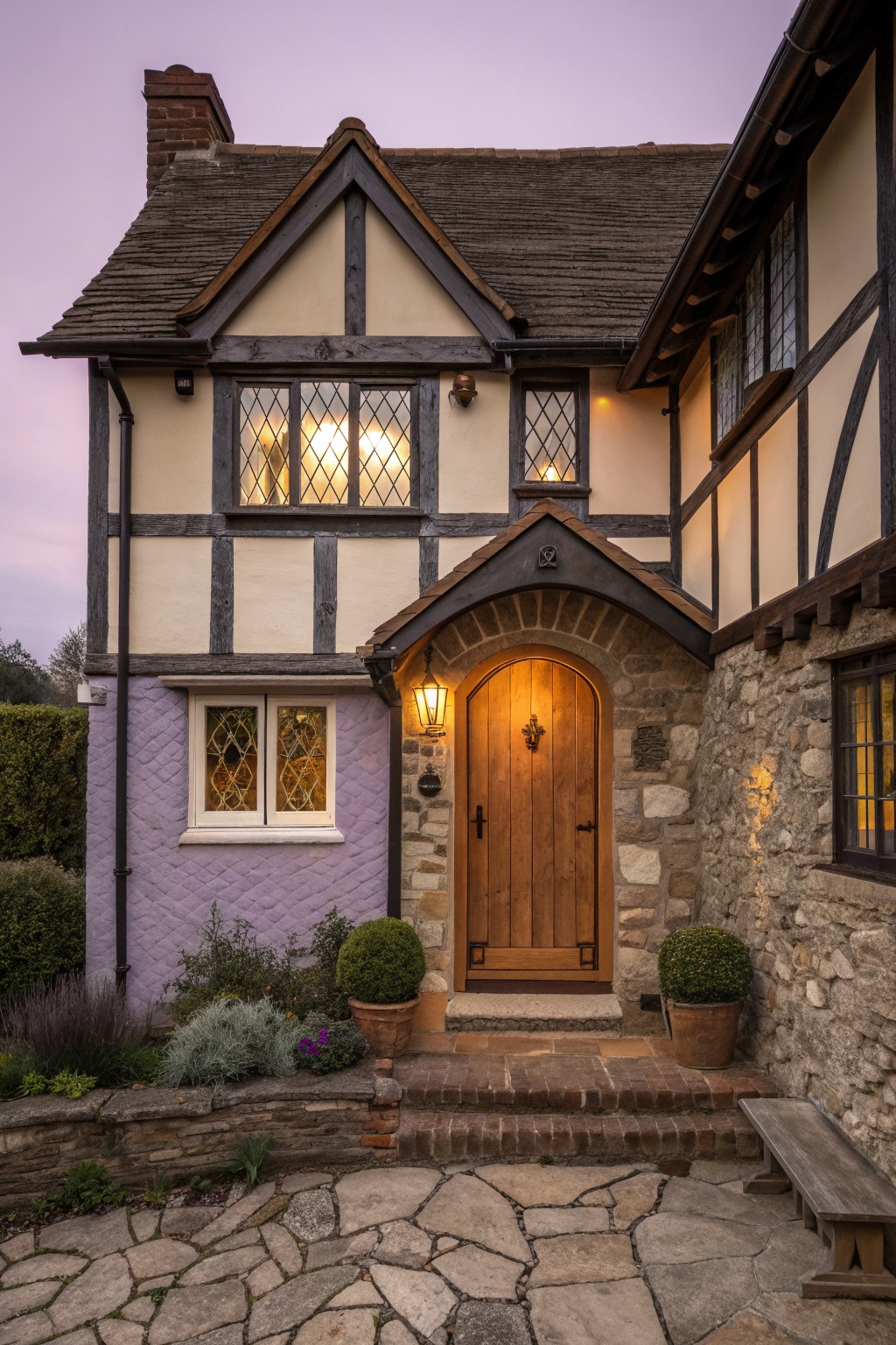 A Tudor-style house exterior at dusk with a prominent arched wooden door set in a stone surround, half-timbered upper facade, and a brick pathway leading to the steps.