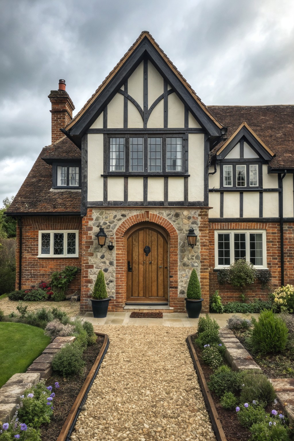 Front view of a Tudor-style house with a central arched wooden door set in a stone and brick surround, half-timbered gable above, and a gravel path leading to the entrance.