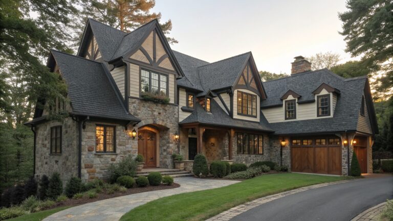 23 Bold Tudor-Inspired Farmhouse Exteriors for Dramatic European Character Tudor-style mansion with stone walls, timber framing, steep roofs, and glowing windows at dusk.