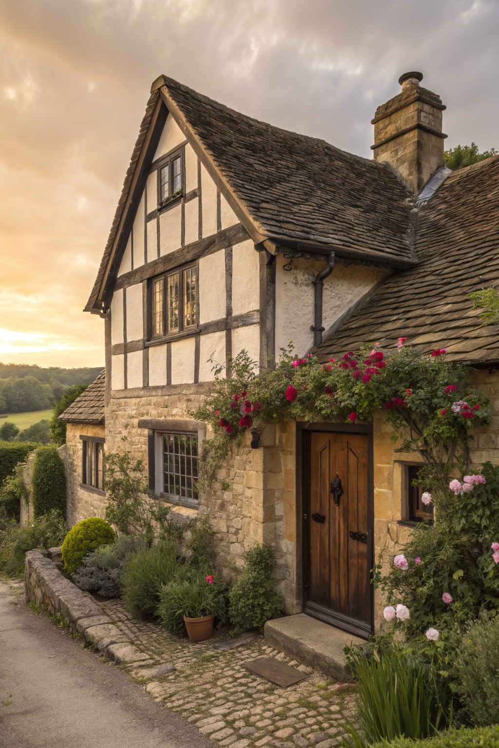 Quaint half-timbered cottage with pink roses, stone walls, and wooden door at sunset