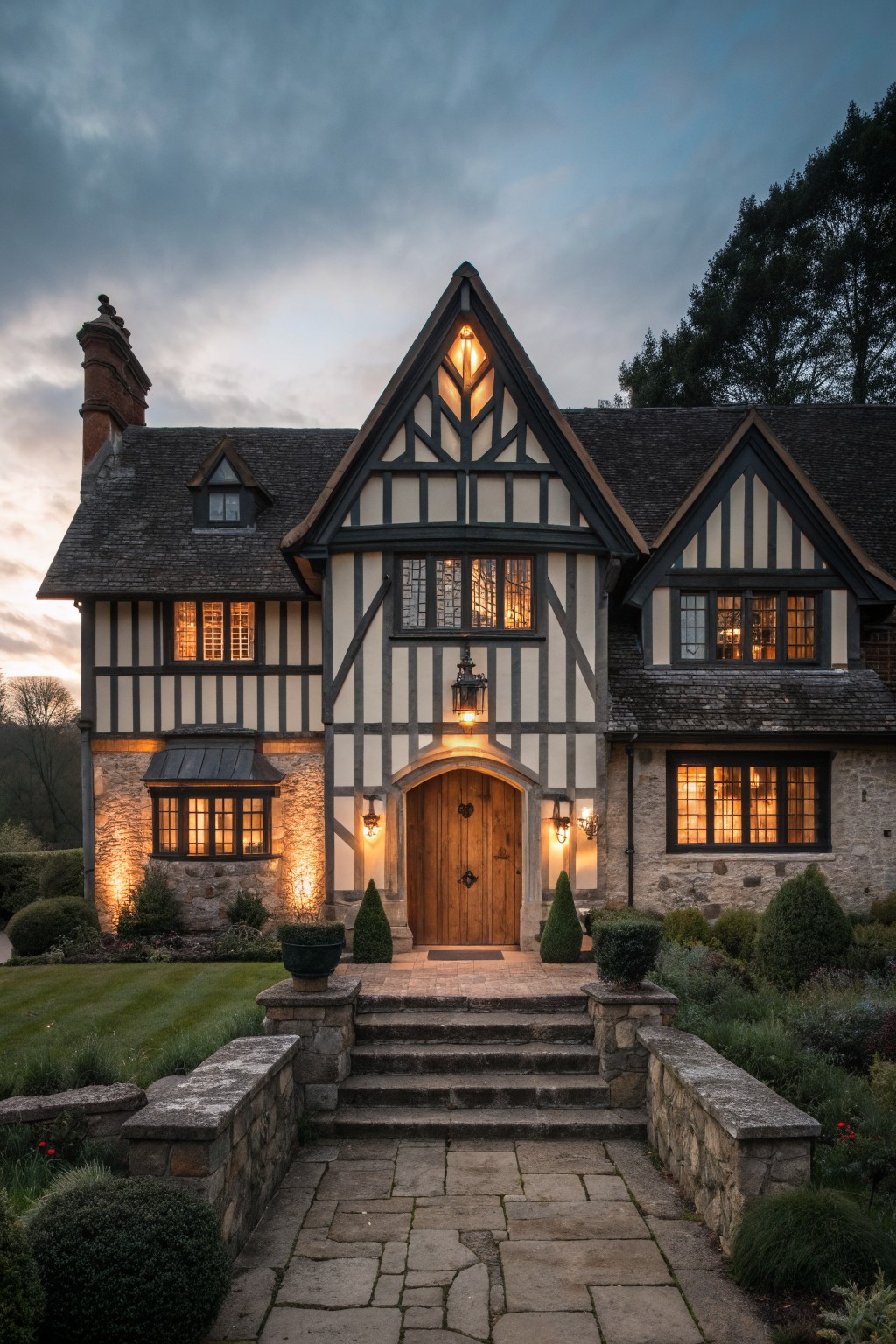 Front view of a Tudor-style house at dusk with a tall central gable, half-timbered facade, stone base, wooden front door, and stone steps leading up to the entry.