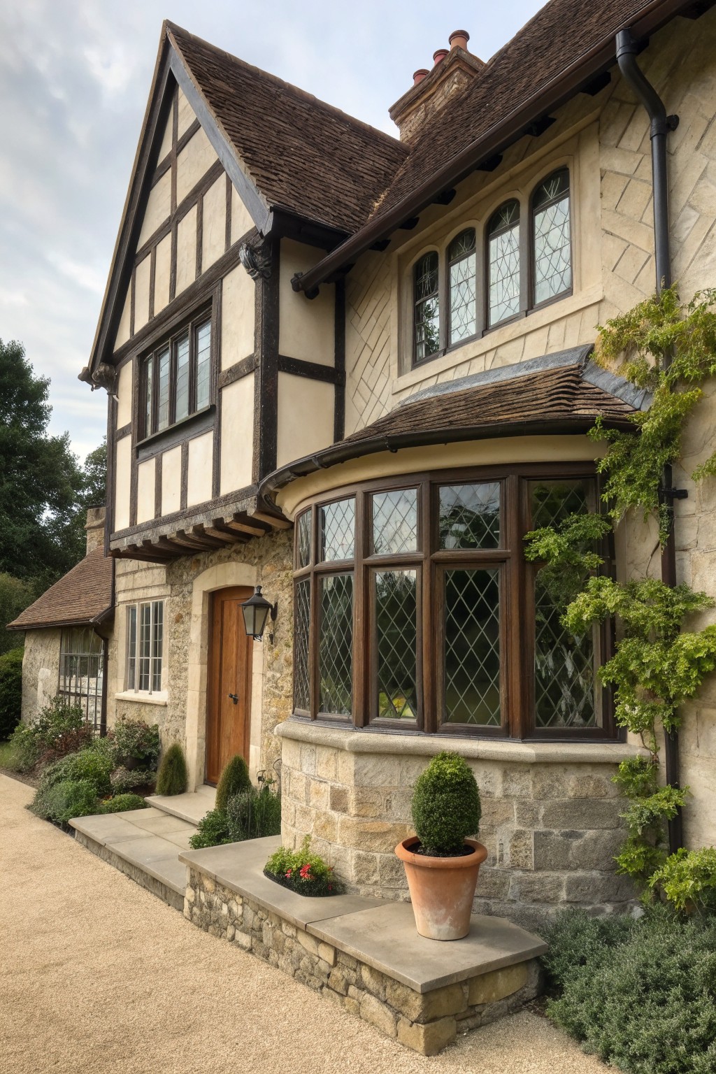 Tudor-style house with stone walls, timber framing, bay windows, and garden plants