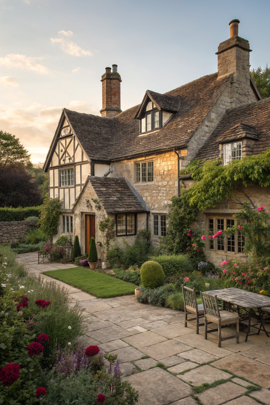 Rustic stone cottage with ivy, roses, flower garden, and patio table at dusk.