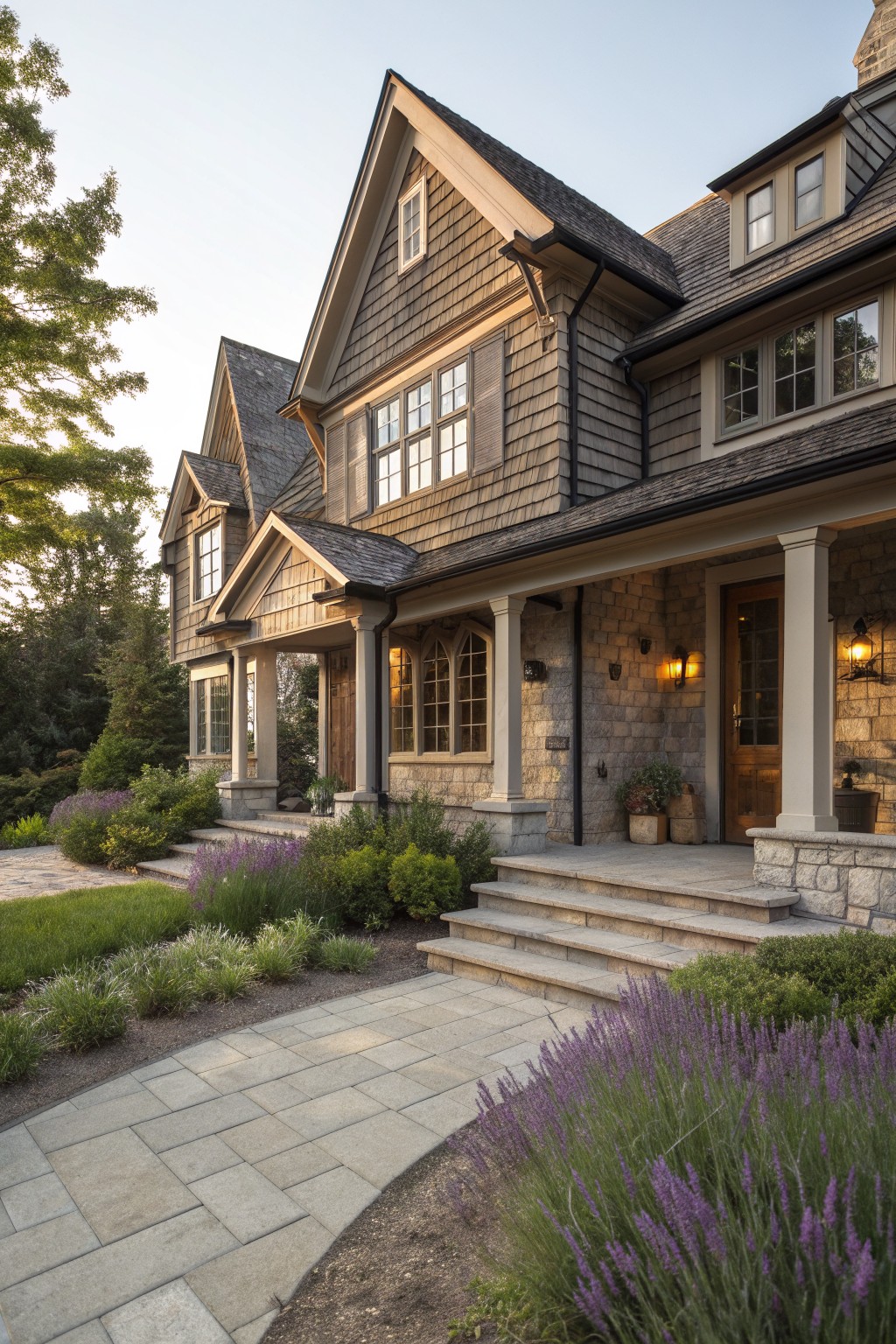 A large two-story house with stone lower walls, wood shingle siding, a gabled roof, a columned front porch, and wide stone steps leading to the entry.