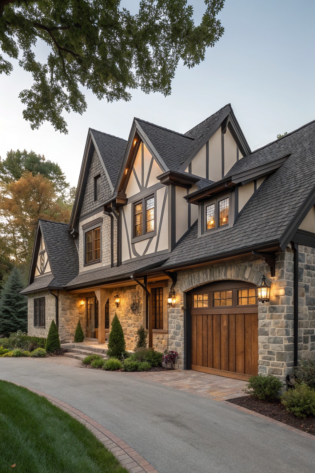 Tudor-style mansion with stone walls, timber framing, steep roofs, and glowing windows at dusk.