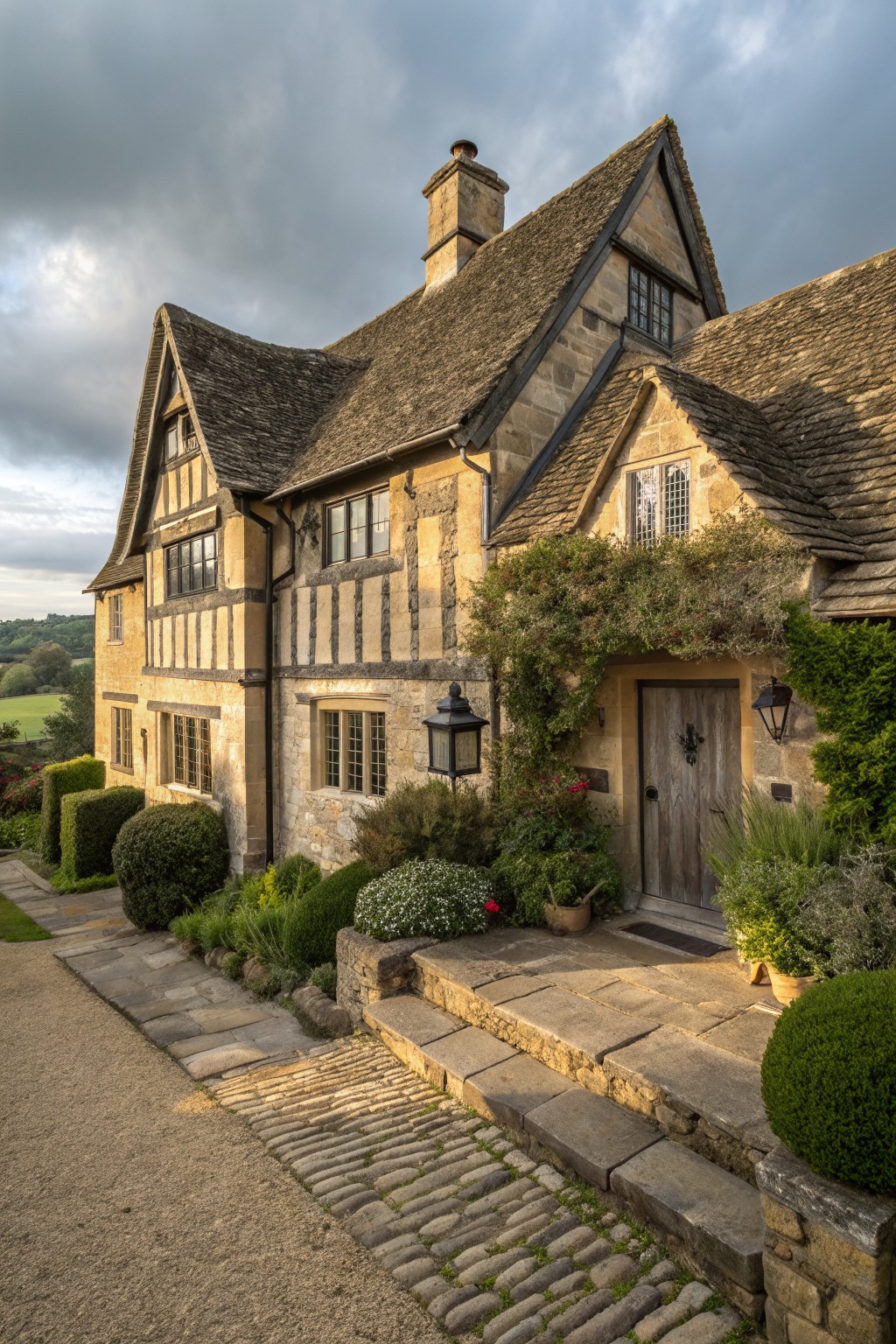 A large stone house with half-timber framing, a thatched roof, multiple casement windows, and a wooden front door approached by stone steps and a cobblestone path.