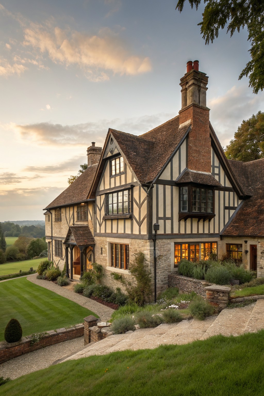 A large Tudor-style house featuring half-timbered upper walls over a stone base, with steep roofs, multiple chimneys, and lit windows at dusk.