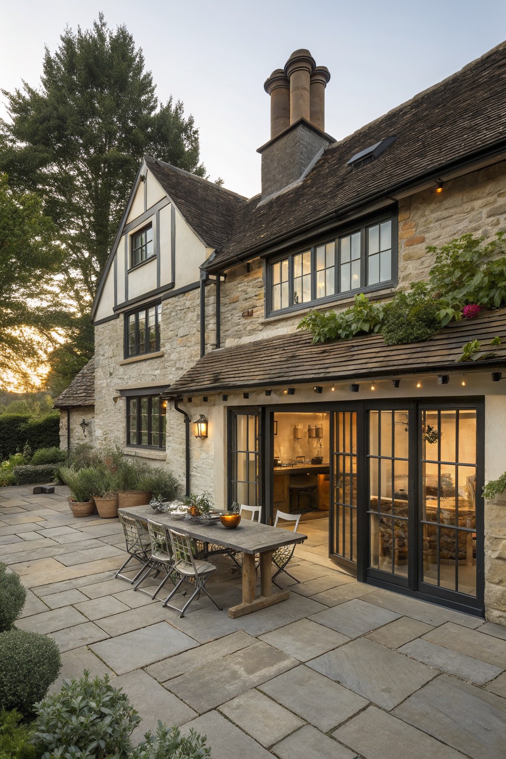 A Tudor-inspired stone and timber house with a large paved patio, wooden dining table, and open black-framed glass doors leading to the interior.