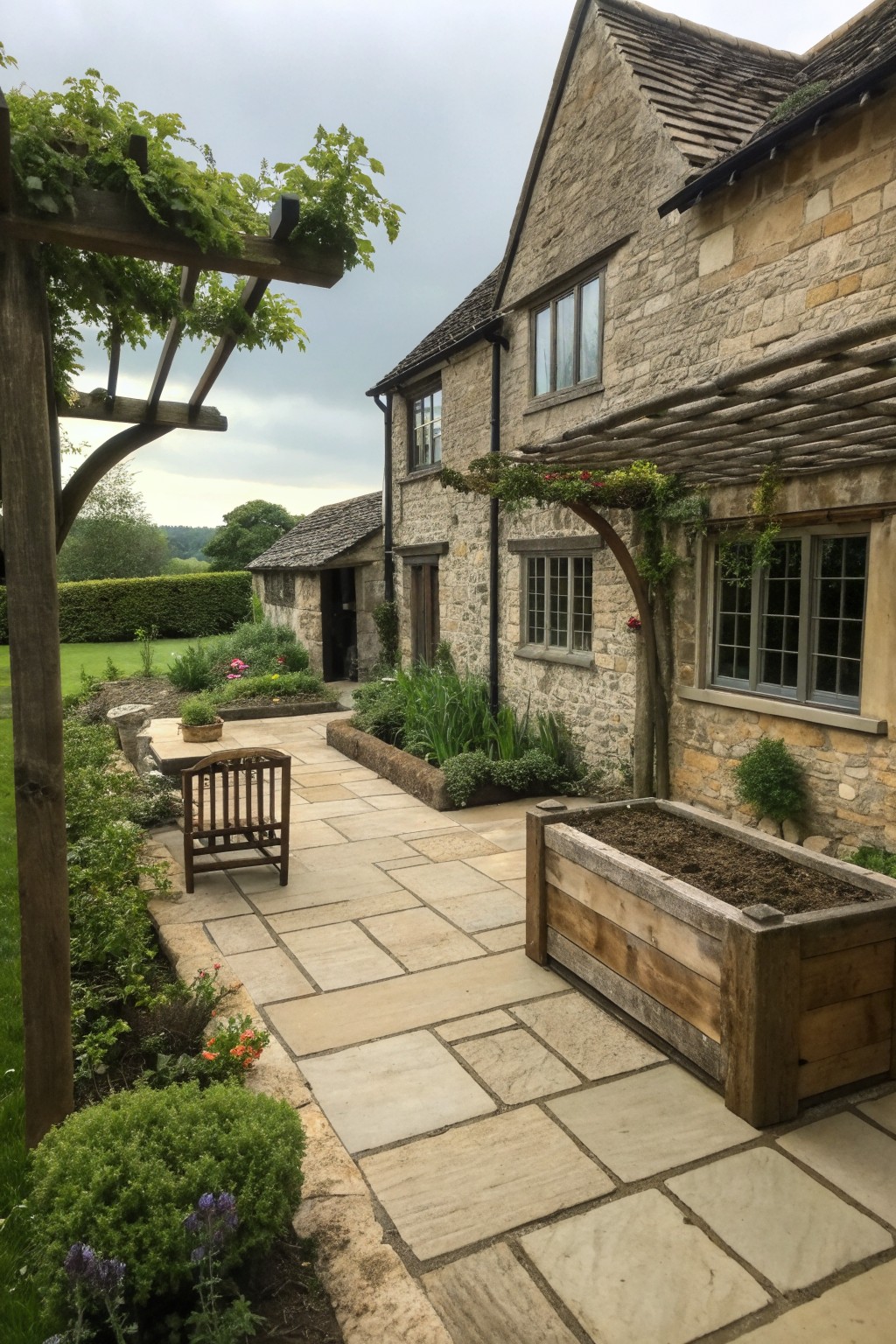 Stone farmhouse exterior with a paved courtyard patio and a large wooden raised planter box positioned near the windows.