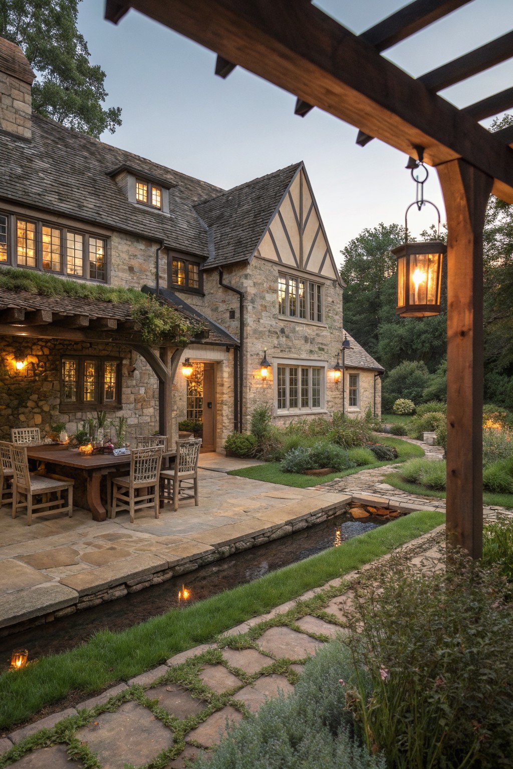 Stone house with patio dining table, garden stream, and lit wooden pergola at dusk
