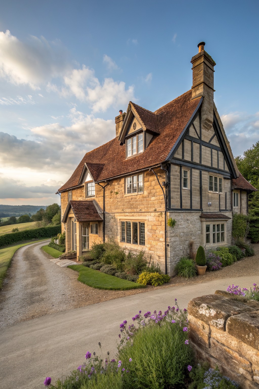 Stone house with black timber framing, red tiled roof, and garden by gravel drive