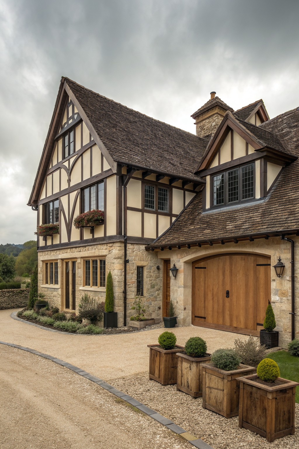 Tudor-style house with timber framing, stone base, steep roofs, and wooden garage.