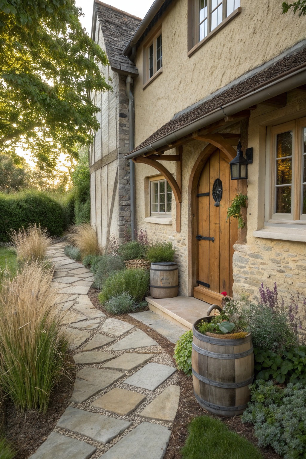 Rustic stone cottage with arched wooden door, barrel planters, and flagstone path.