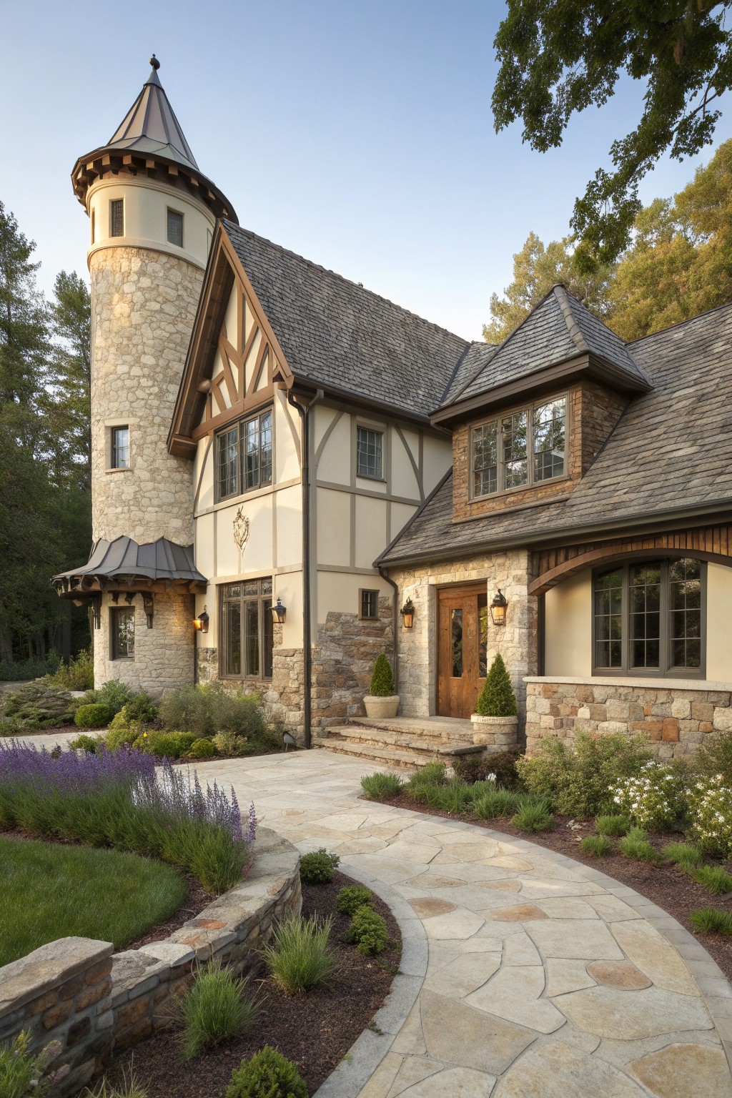 Tudor-style stone mansion with turret, steep slate roof, and curving garden path.