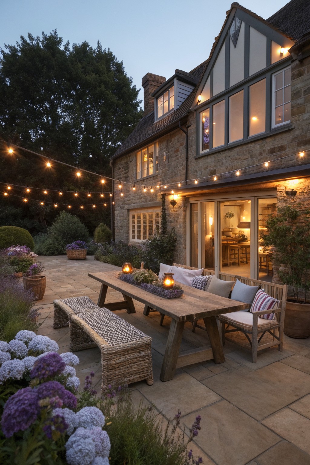 A stone Tudor house exterior at dusk with a wooden outdoor dining table, benches, and chairs on a paved patio, strung with warm string lights and surrounded by flowering plants.
