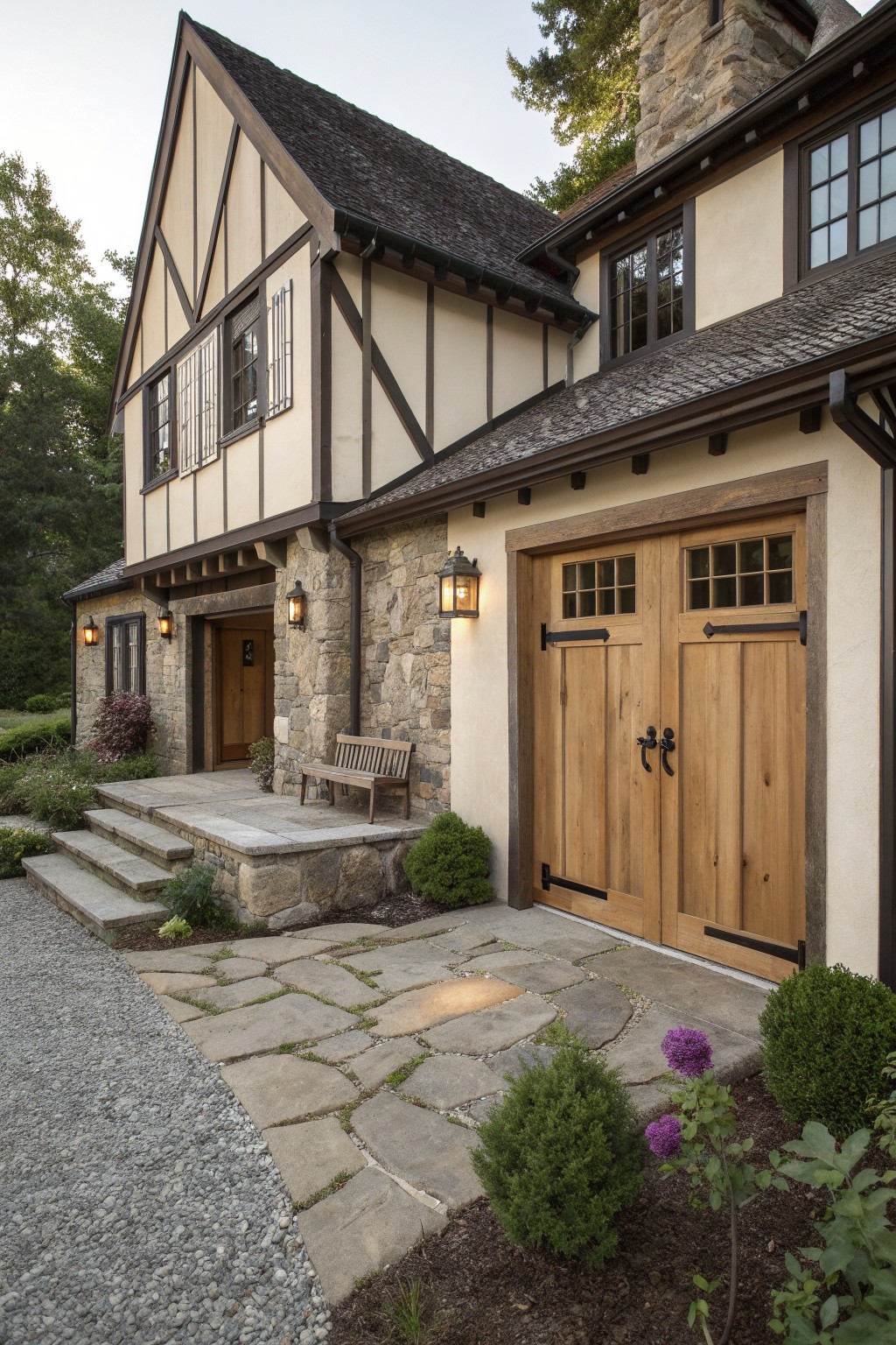 A two-story Tudor-style house exterior with stone lower walls, light stucco panels, dark timber framing on the gables, wooden garage doors, and a stone pathway leading to the entrance.