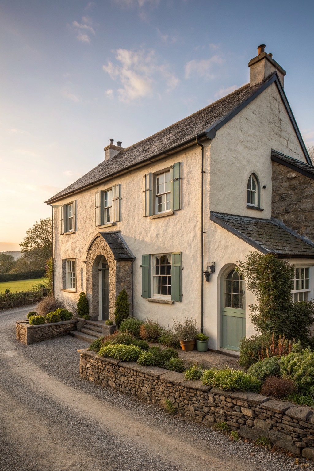 Whitewashed stone cottage with green shutters, doors, and garden walls at dusk