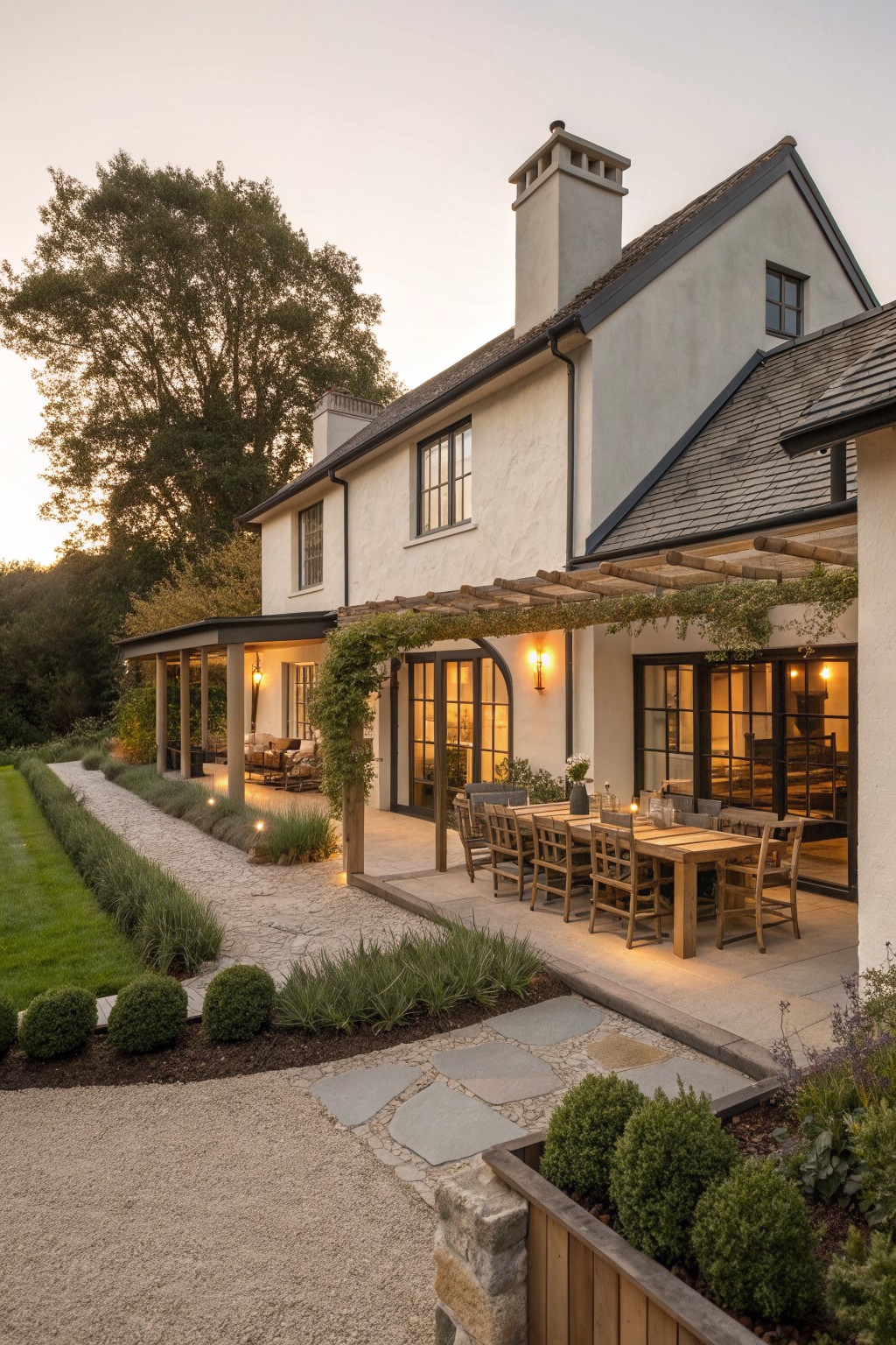 A light stucco house with dark window frames shows a wooden pergola extending over a stone patio with a long wooden dining table and chairs, plus surrounding garden paths.