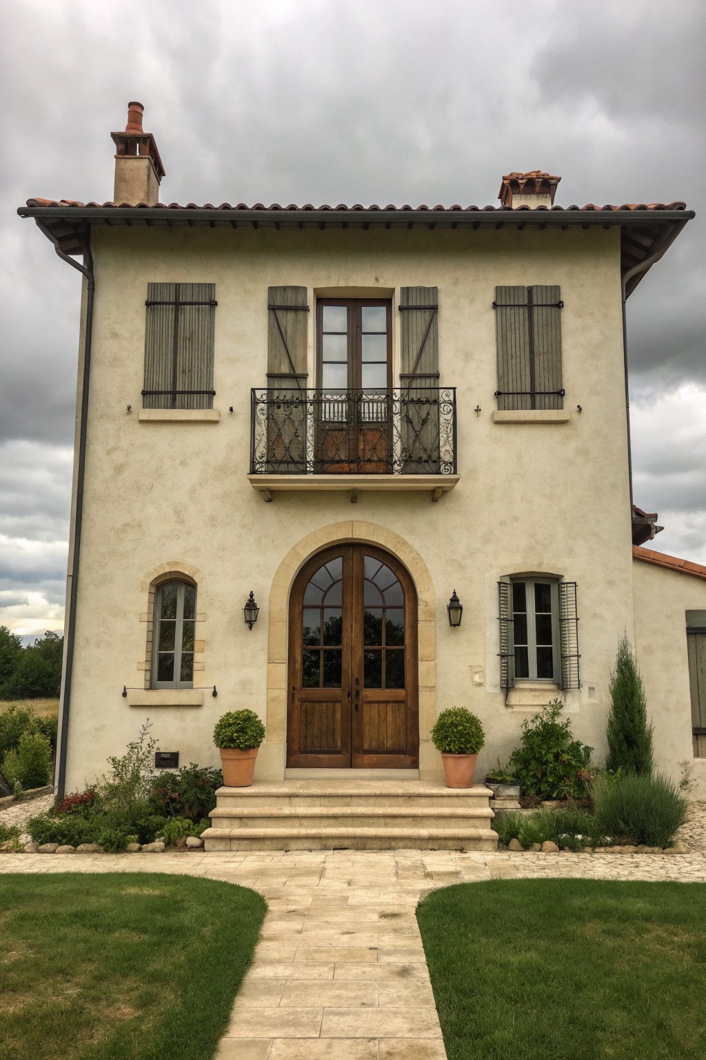A two-story stucco house with gray wooden shutters, an arched wooden front door, and a small iron balcony under a terracotta tile roof.