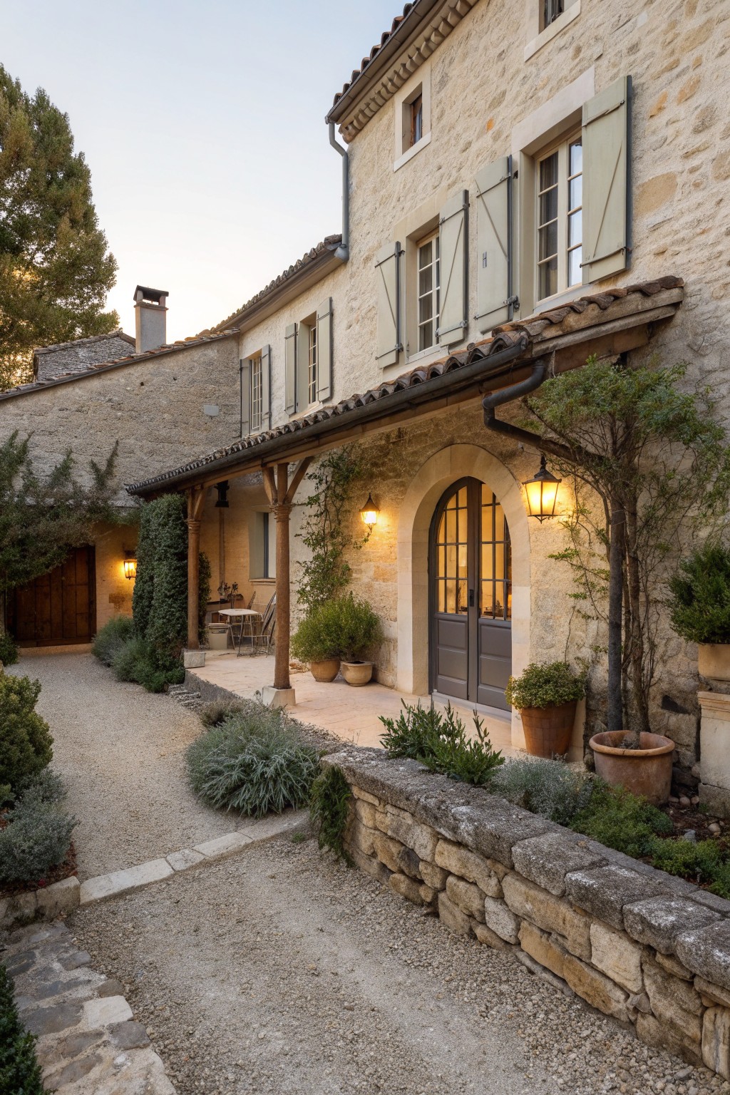 A stone house exterior with an arched wooden doorway, shuttered windows, a gravel path, and potted plants along a low stone wall.