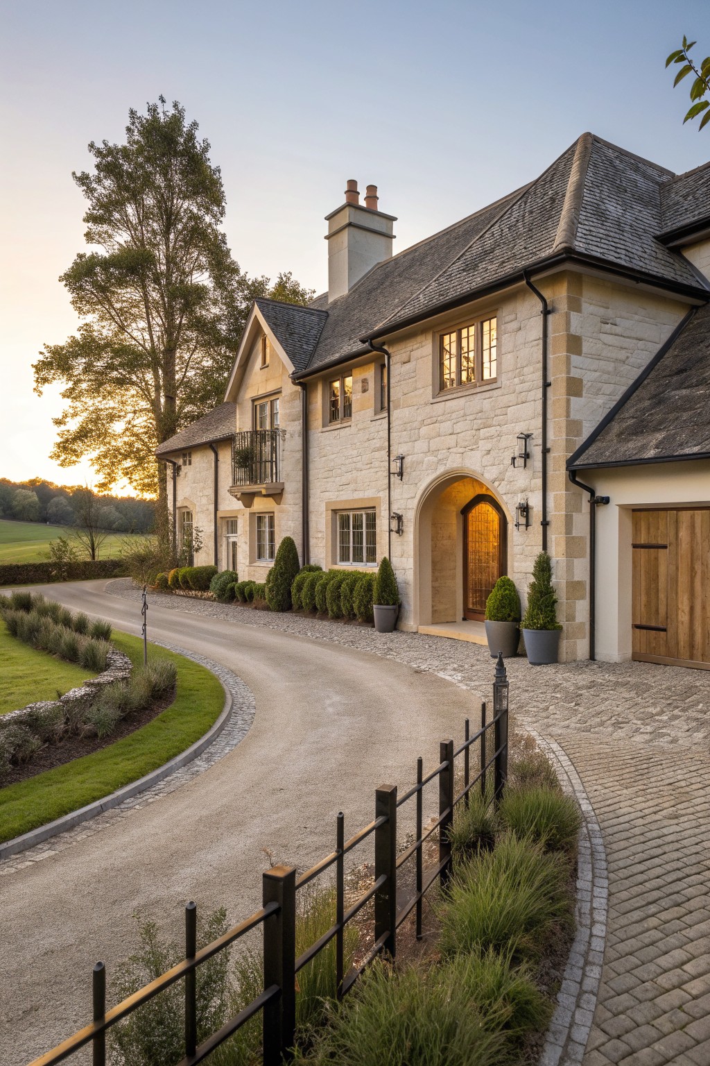 A stone house exterior with a curved driveway, an arched front entry with a wooden door, and a wooden garage door visible on the right side.