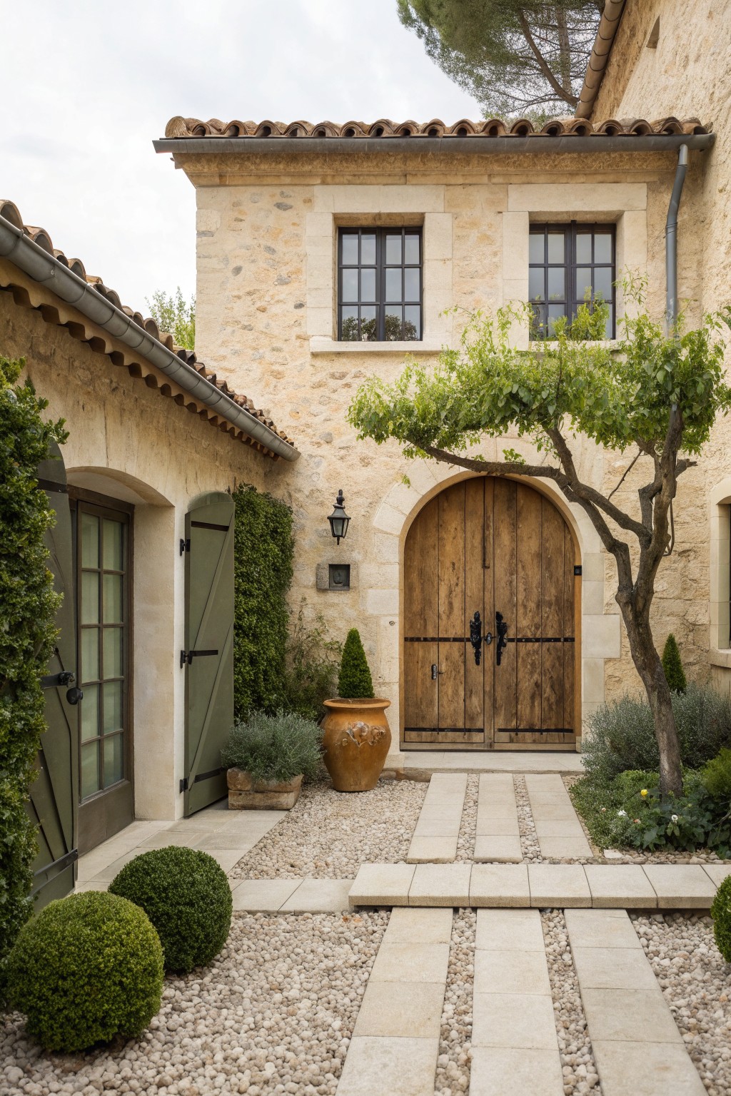Stone villa courtyard with arched wooden doors, green shutters, gravel path, and potted plants