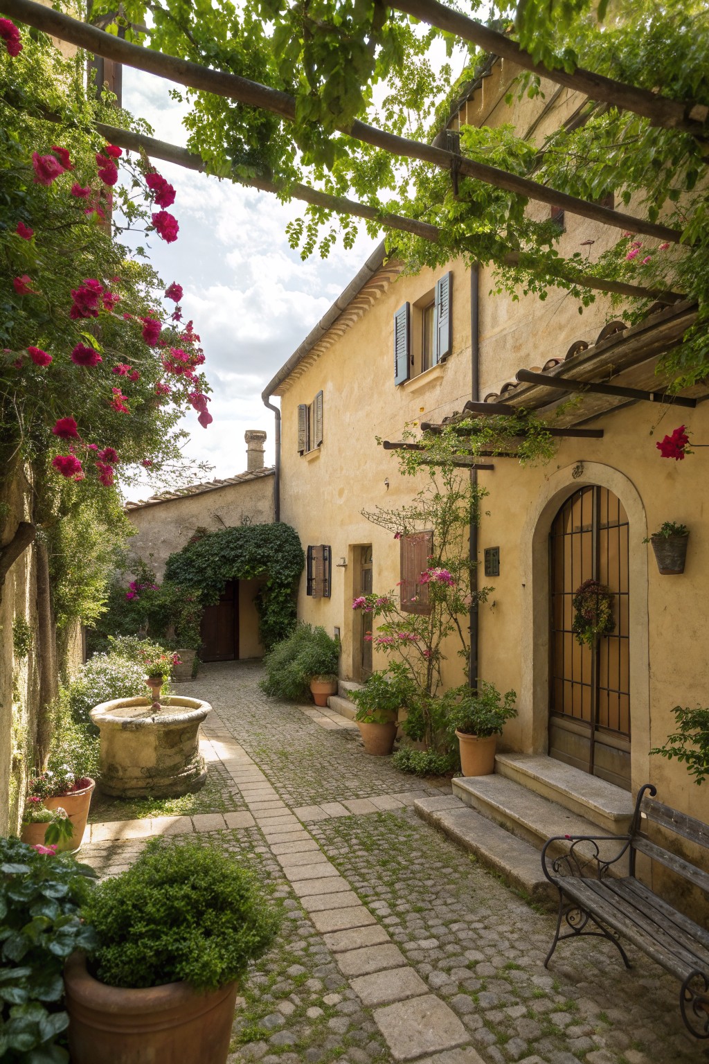 A cobblestone courtyard path lined with potted plants and climbing pink roses on walls and a wooden pergola, leading to a yellow stucco house with an arched doorway.