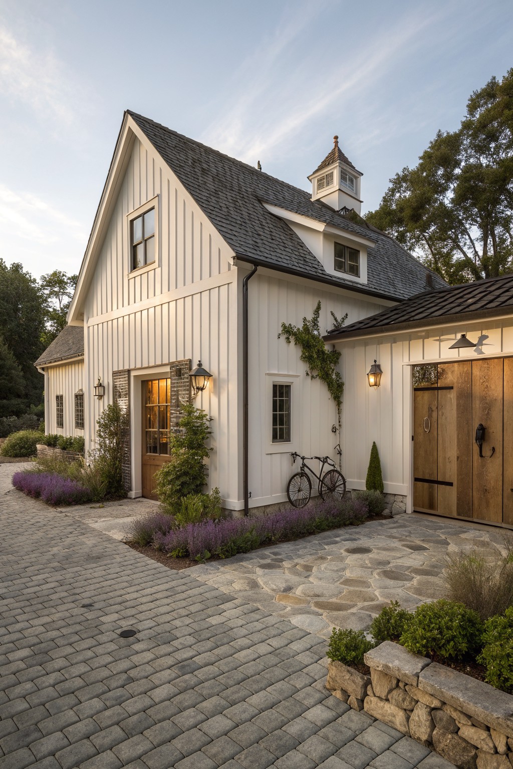 White house with dark roof and cupola, wooden doors, bicycle, stone patio, brick drive.