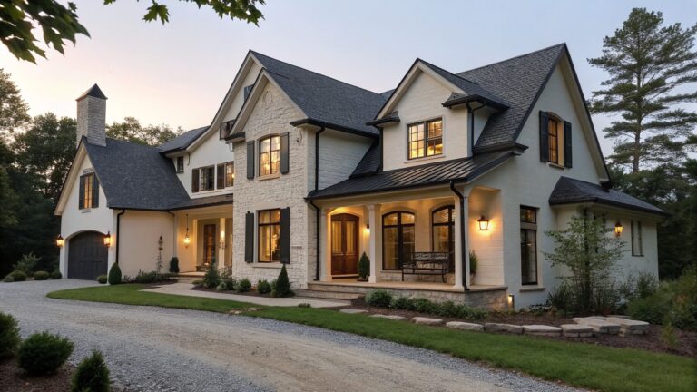 A two-story stucco house with stone cladding around the entry and lower walls, dark shutters, a wooden front door, and a gravel driveway.