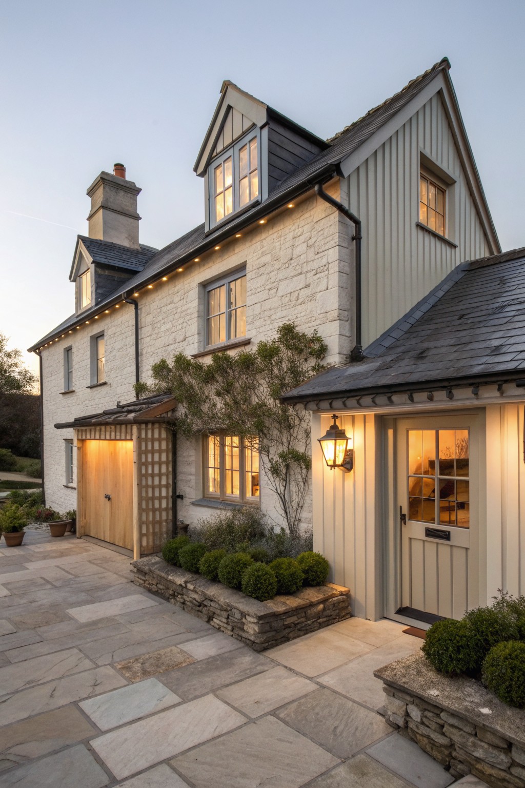 A two-story house with white stone on the left facade and light green vertical siding on the right, dark slate roof, multiple lit windows, wooden garage door, and stone pathway in front.