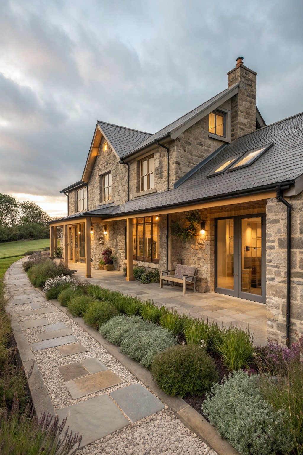 A stone farmhouse exterior with a dark slate roof, wooden porch posts, large glass doors, and a stone pathway bordered by plants.
