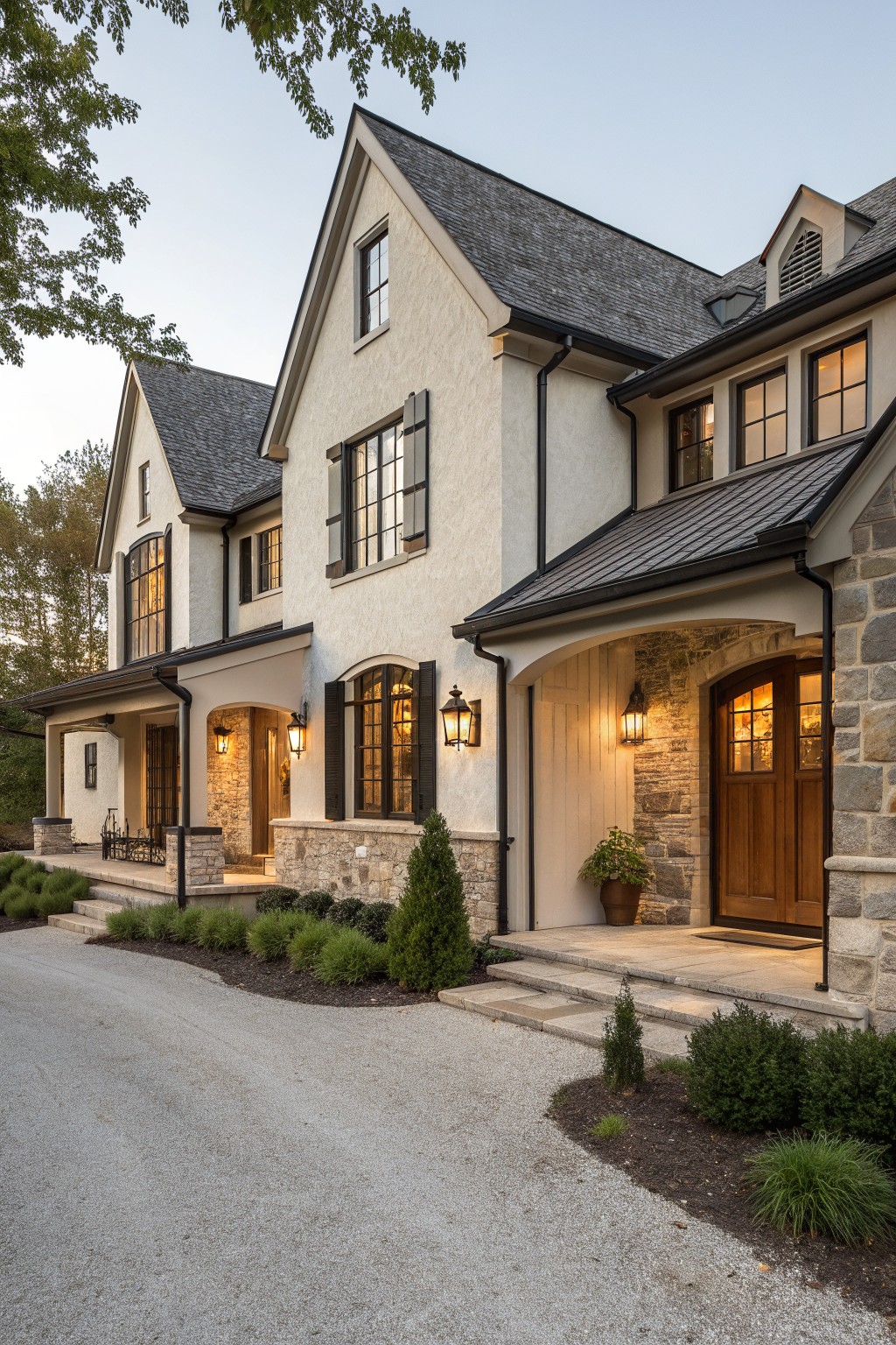 A two-story stucco house with stone cladding around the entry and lower walls, dark shutters, a wooden front door, and a gravel driveway.