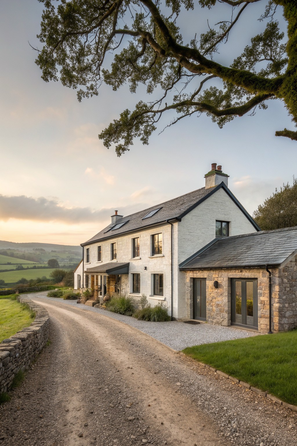 White stone house with gravel driveway amid rolling green hills and tree branches