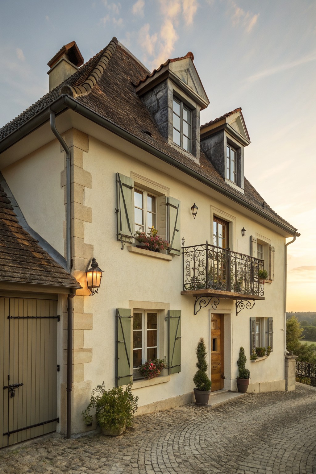 Charming beige French country house with green shutters, balcony, and cobblestone courtyard at sunset