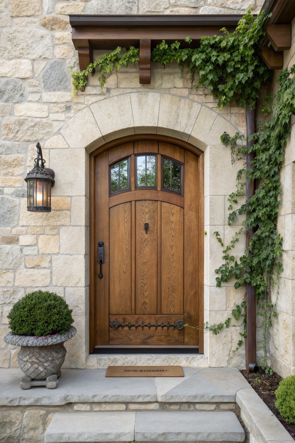 A wooden arched door centered in a stone archway on a house exterior, with a lit lantern on the left wall and green vines climbing the right side.