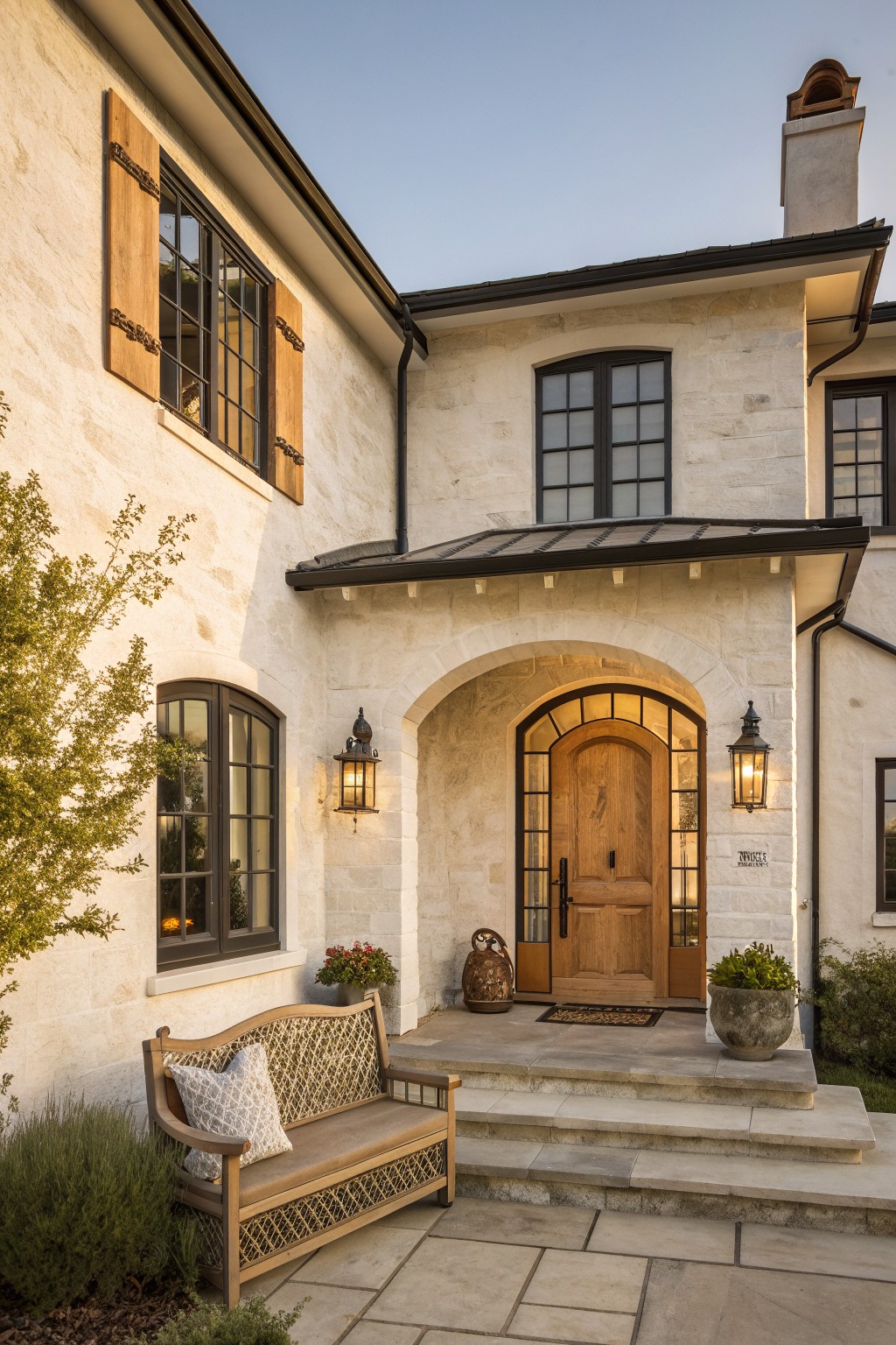 Front exterior of a light stone house showing a wooden door set inside a curved stone arch, with lanterns on both sides and steps leading up from a paved walkway.