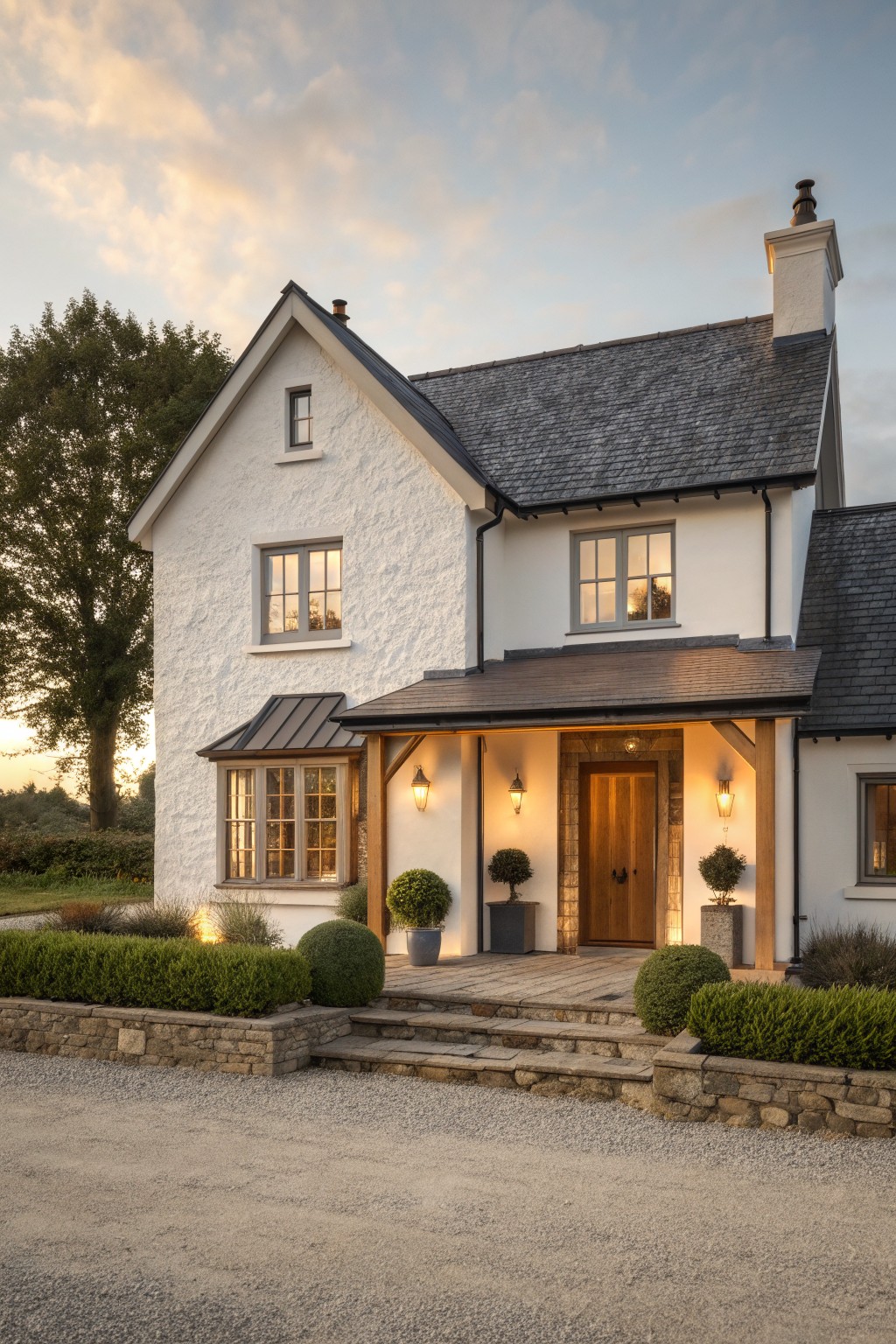 A white stucco house with a dark slate roof and a covered front entry supported by wooden posts and beams, with a wooden door and stone accents around the opening.