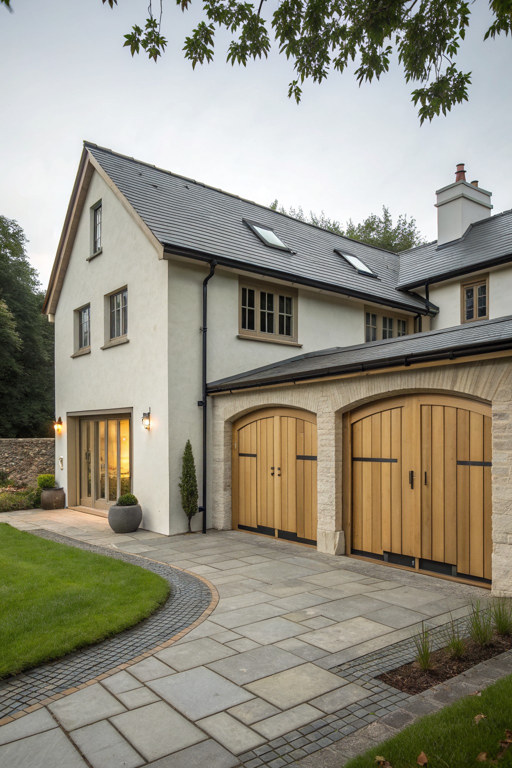 Large beige house with wooden garage doors, skylights, and stone driveway