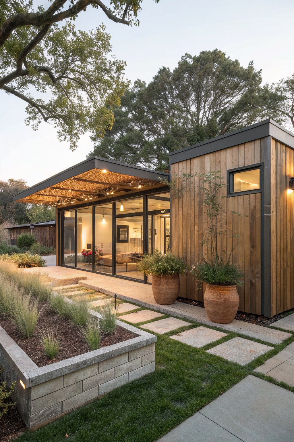 A modern house exterior featuring wood siding, large glass windows, a metal roof overhang with string lights, potted plants, and a stone pathway with landscaping.