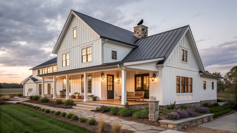 A white two-story farmhouse with dark metal roofing, stone foundation, covered porch, and steps leading to a paved walkway.