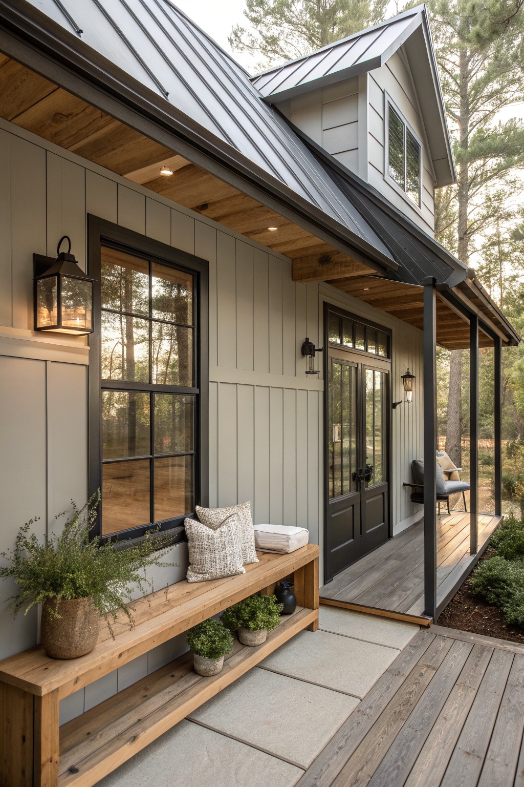 A side view of a gray farmhouse exterior with vertical siding, a dark standing seam metal roof, black-framed windows and doors, and a wooden bench with pillows on the covered porch.