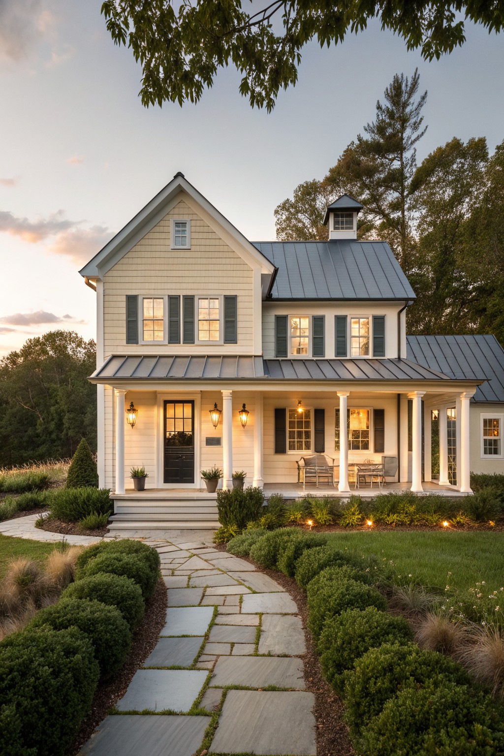 Front view of a two-story farmhouse with light siding, dark shutters, white porch columns, and gray metal roofing, with a stone path leading to the steps.