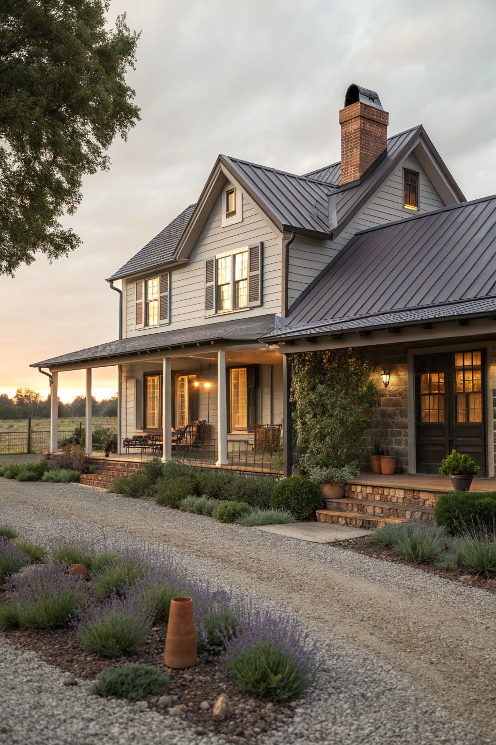 A two-story farmhouse with light siding, a dark metal roof, brick chimney, covered porch, and gravel driveway lined with low landscaping.